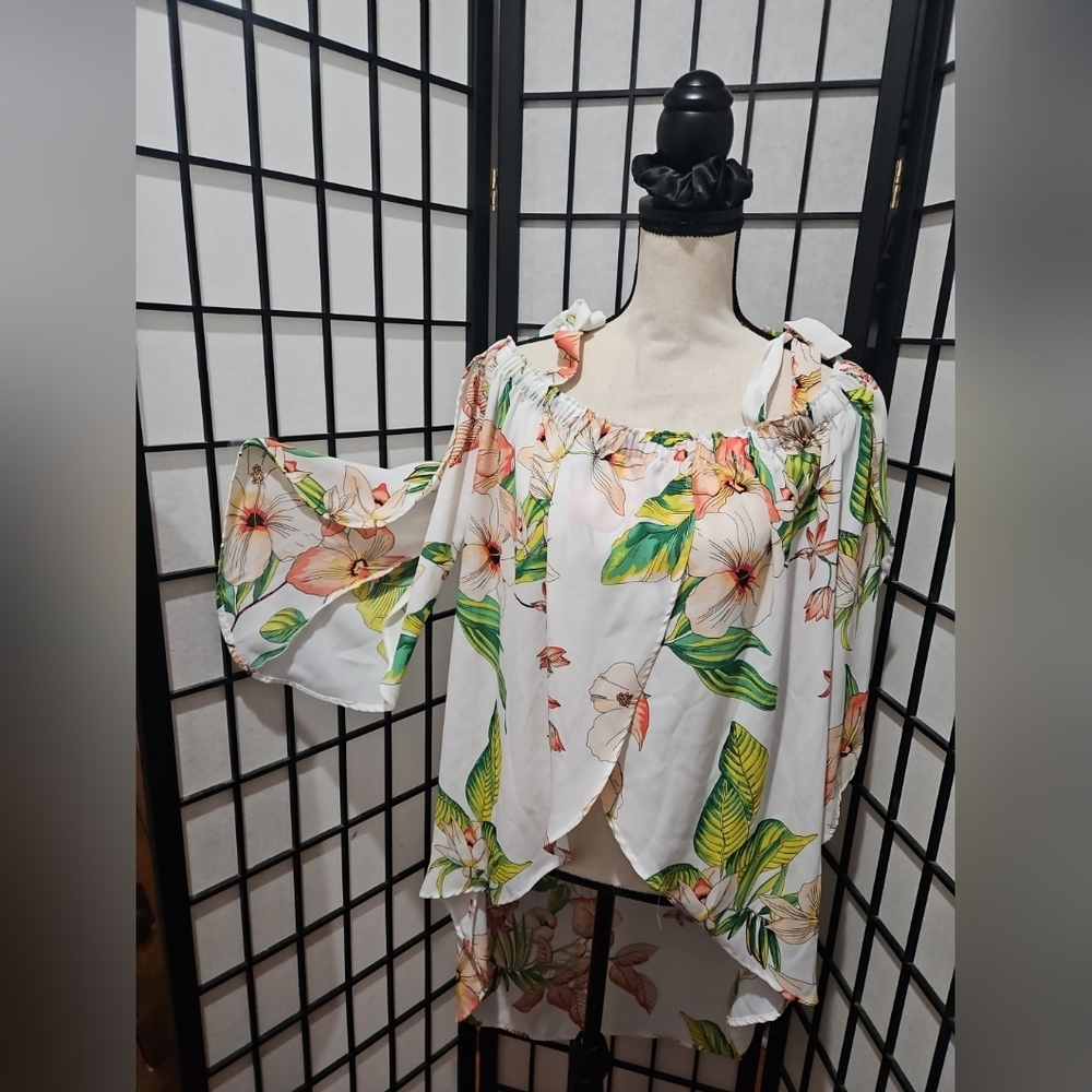 New York & Company Floral Off-Shoulder Blouse - White, Green, Orange